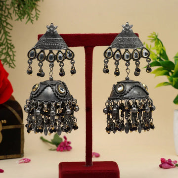 Antique Silver Black-Stone Ethnic Jhumka Earrings
