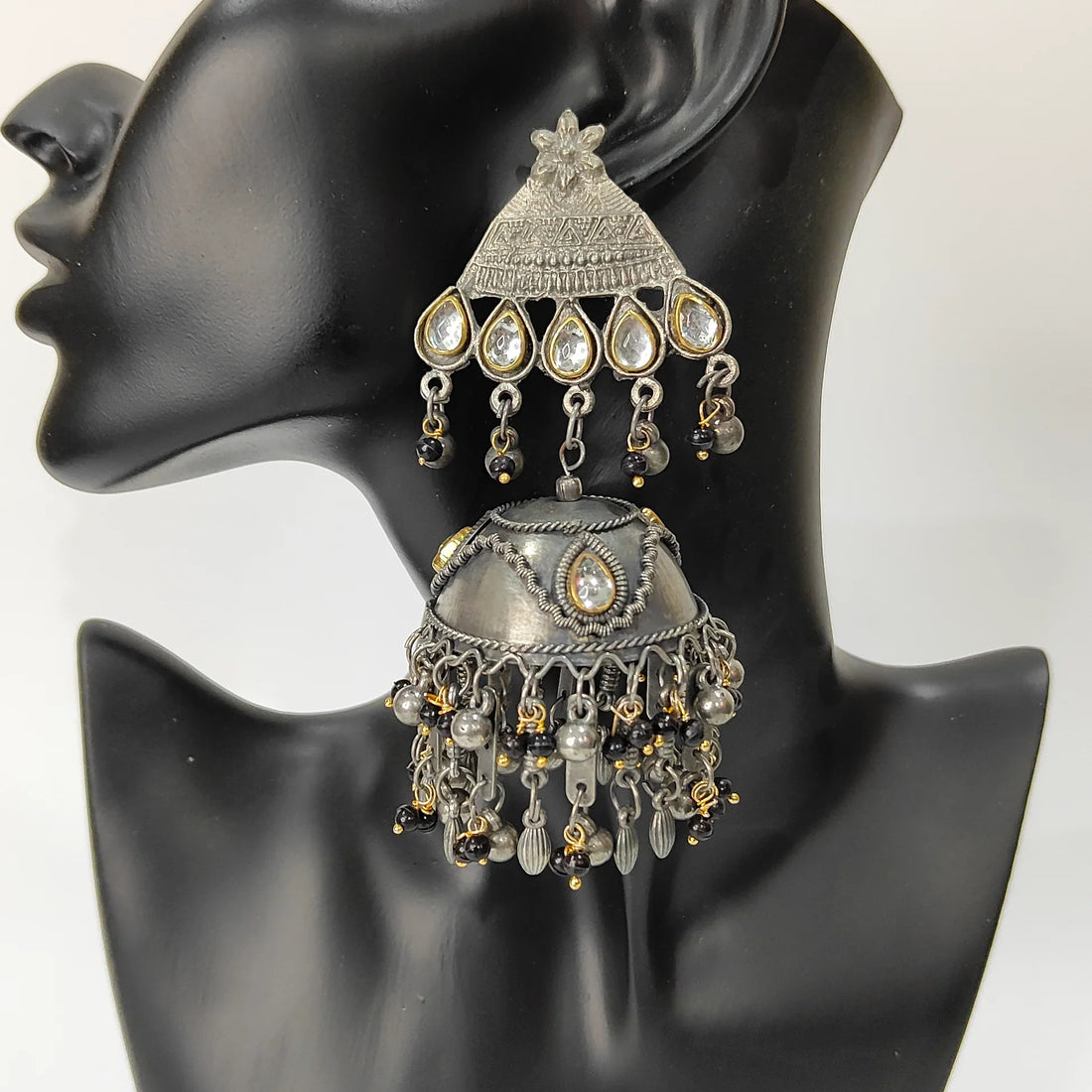 Antique Silver Black-Stone Ethnic Jhumka Earrings